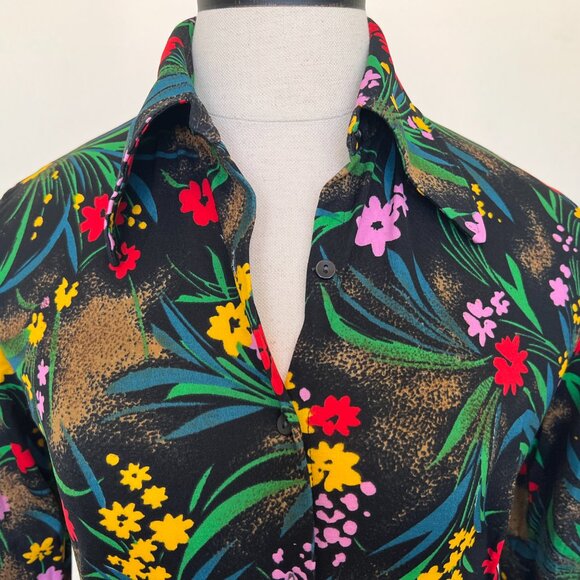 70's Tarvi Black Floral Print Blouse - SIze Small/Mediu - Picture 4 of 8